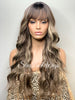 Long Wavy Brown Wig Center Part Blonde Highlights Bangs - Tiffany