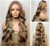 Long Brown Blonde Mix Loose Curls Human Hair Blend Lace Front Wig Pink Bangs - Lillian