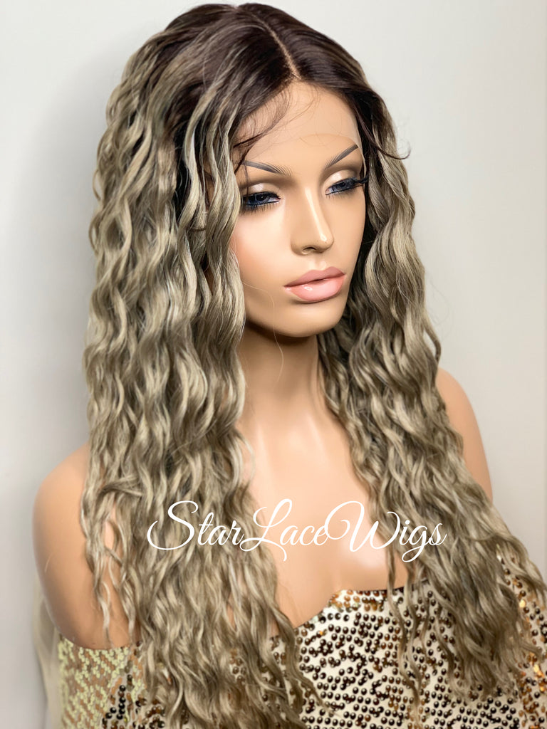 Lace Front Wig Dirty Ash Blonde Dark Roots Long Wavy Center Part - Kimmy