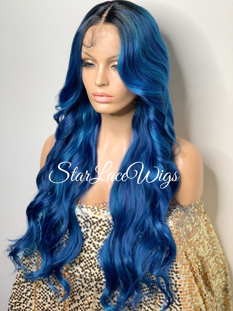 Long Blue Loose Curls Lace Front Wig Human Hair Blend - Lyla