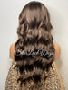 Long Wavy Wig Dark Brown Center Part Highlights Synthetic - Renee