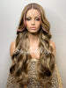 Long Brown Blonde Mix Loose Curls Human Hair Blend Lace Front Wig Pink Bangs - Lillian