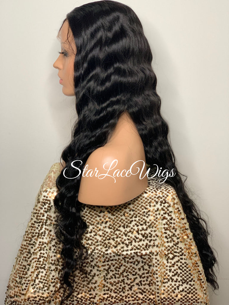 Long Black Crimped Wavy Human Hair Blend HD Lace Front Wig - Anita