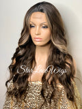 Long Wavy Wig Dark Brown Center Part Highlights Synthetic - Renee