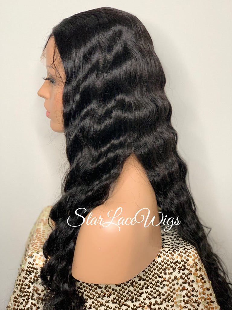 Long Black Crimped Wavy Human Hair Blend HD Lace Front Wig - Anita