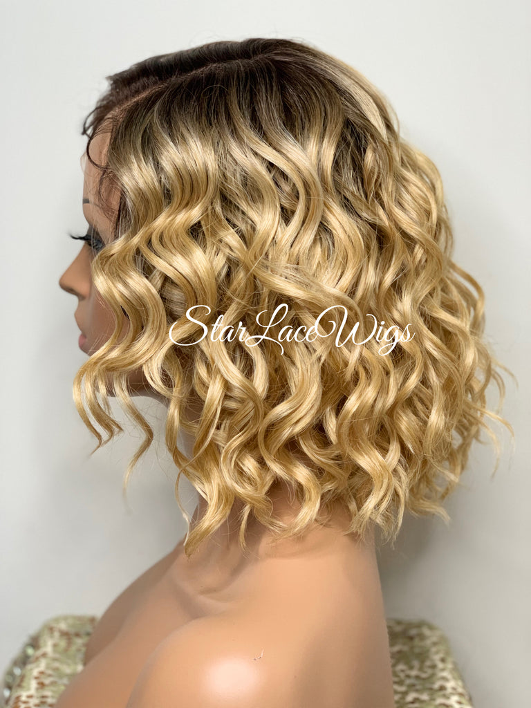 Lace Front Wig Short Wavy Blonde Synthetic Bob Brown Roots - Winnie
