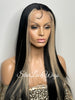 Long Straight Lace Front Wig Black Center Part Blonde Highlights Synthetic Skunk Stripe - Zoe