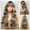 Long Wavy Brown Wig Center Part Blonde Highlights Bangs - Tiffany