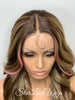 Long Brown Blonde Mix Loose Curls Human Hair Blend Lace Front Wig Pink Bangs - Lillian