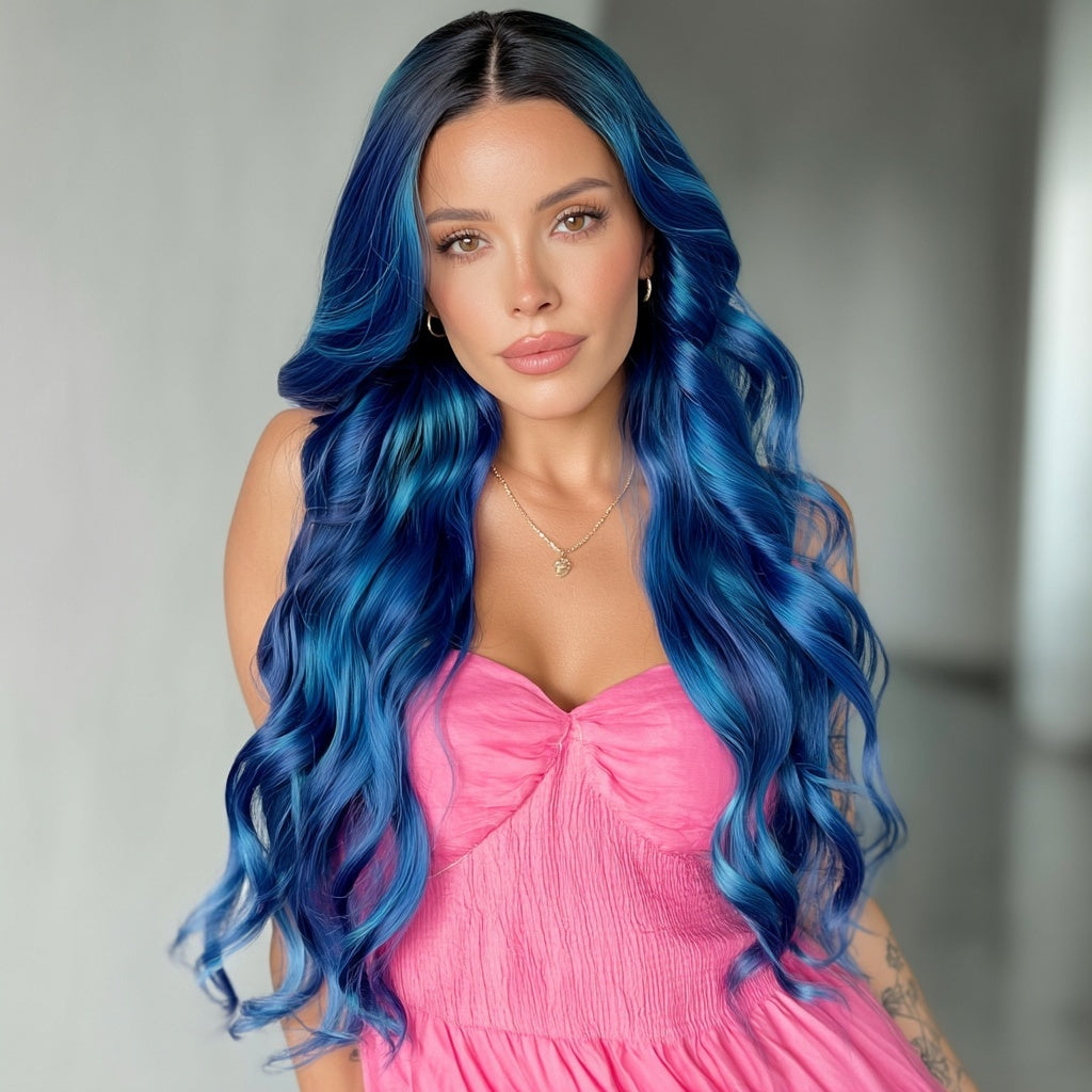 Long Blue Loose Curls Lace Front Wig Human Hair Blend - Lyla