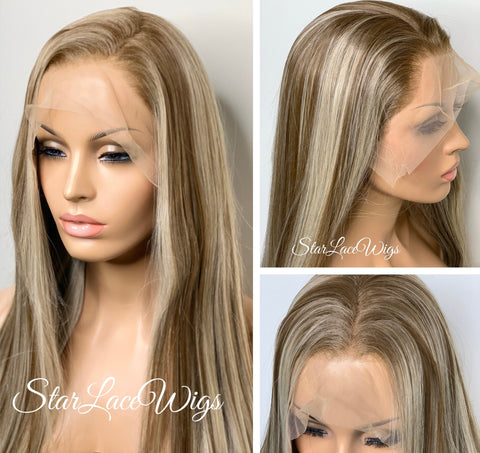 Long Wavy Synthetic Lace Front Wig Golden Blonde Dark Roots - Eva