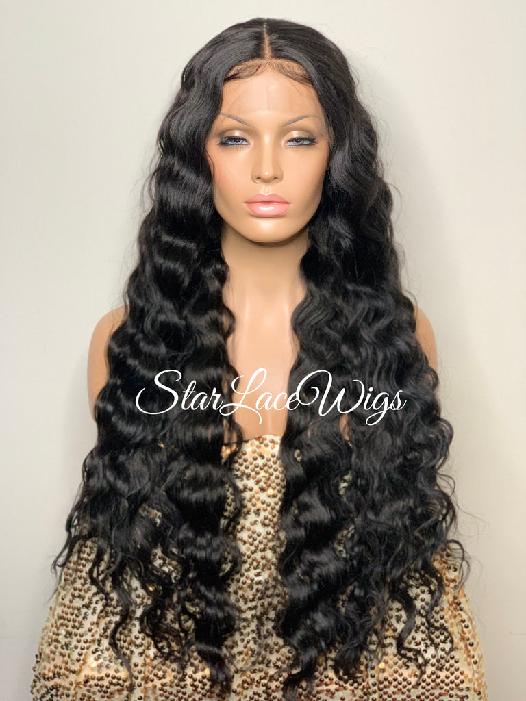 Long Black Crimped Wavy Human Hair Blend HD Lace Front Wig - Anita