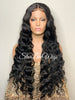 Long Black Crimped Wavy Human Hair Blend HD Lace Front Wig - Anita