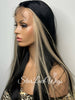 Long Straight Lace Front Wig Black Center Part Blonde Highlights Synthetic Skunk Stripe - Zoe