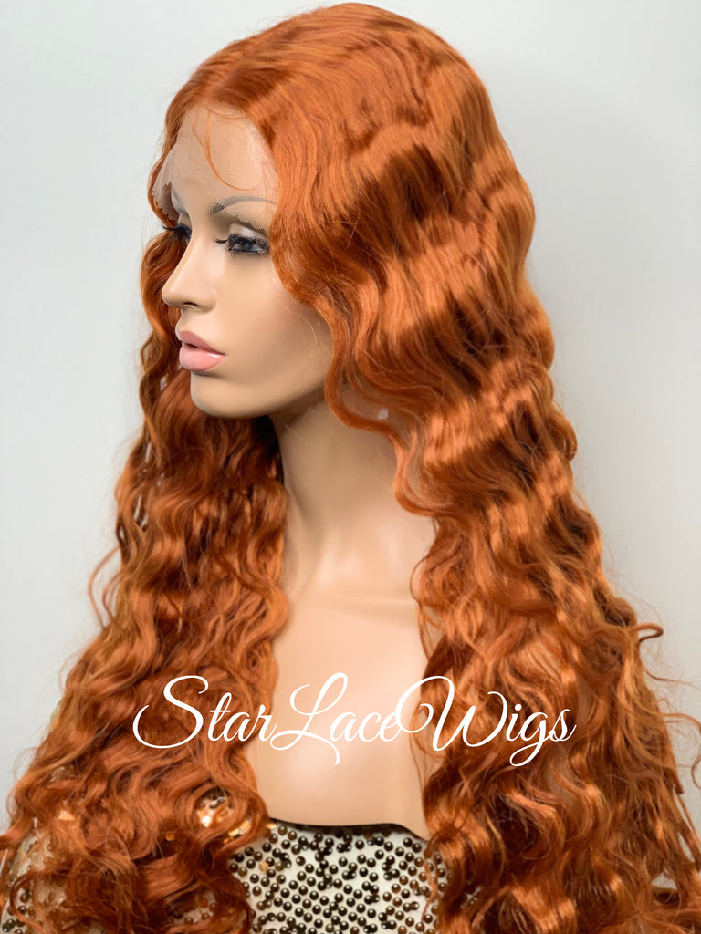 Long Ginger Orange Wavy Wig Lace Front Human Hair Blend - Vera