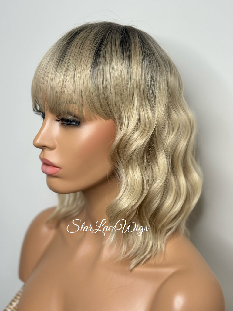 Blonde Wavy Bob Wig with Bangs Rooted - Grace