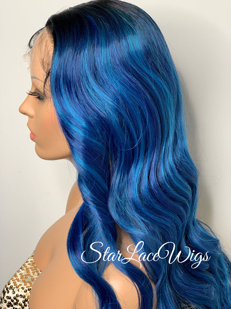 Long Blue Loose Curls Lace Front Wig Human Hair Blend - Lyla