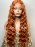 Long Ginger Orange Wavy Wig Lace Front Human Hair Blend - Vera