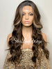 Long Wavy Wig Dark Brown Center Part Highlights Synthetic - Renee