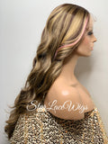 Long Brown Blonde Mix Loose Curls Human Hair Blend Lace Front Wig Pink Bangs - Lillian