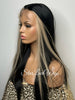 Long Straight Lace Front Wig Black Center Part Blonde Highlights Synthetic Skunk Stripe - Zoe