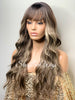 Long Wavy Brown Wig Center Part Blonde Highlights Bangs - Tiffany