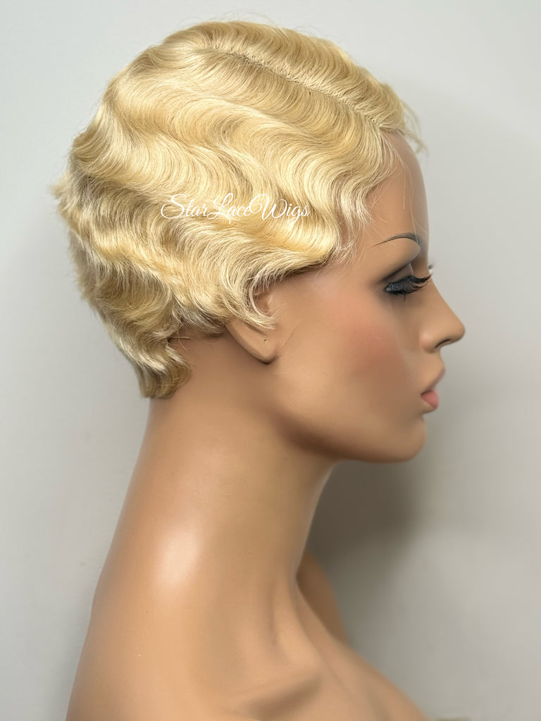 Short Wavy Wig Human Hair Blonde Side Part Wavy Finger Wave Wig - Alice