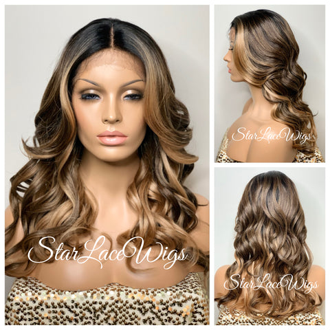 Long Blonde Wavy Synthetic Lace Front Wig Dark Roots - Yasmin