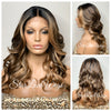 Lace Front Wig Long Wavy Loose Curls Brown Honey Blonde Highlights - Annette