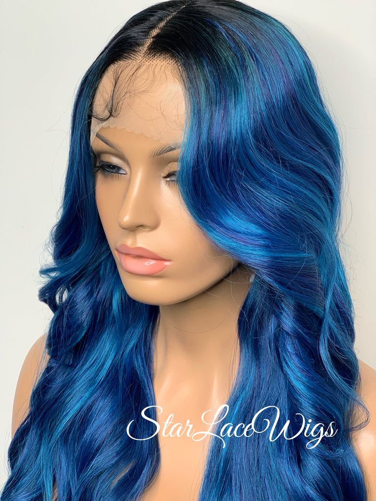 Long Blue Loose Curls Lace Front Wig Human Hair Blend - Lyla