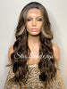 Long Wavy Wig Dark Brown Center Part Highlights Synthetic - Renee