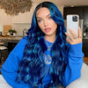 Long Blue Loose Curls Lace Front Wig Human Hair Blend - Lyla