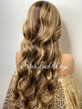 Long Brown Blonde Mix Loose Curls Human Hair Blend Lace Front Wig Pink Bangs - Lillian