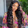Long Black Crimped Wavy Human Hair Blend HD Lace Front Wig - Anita