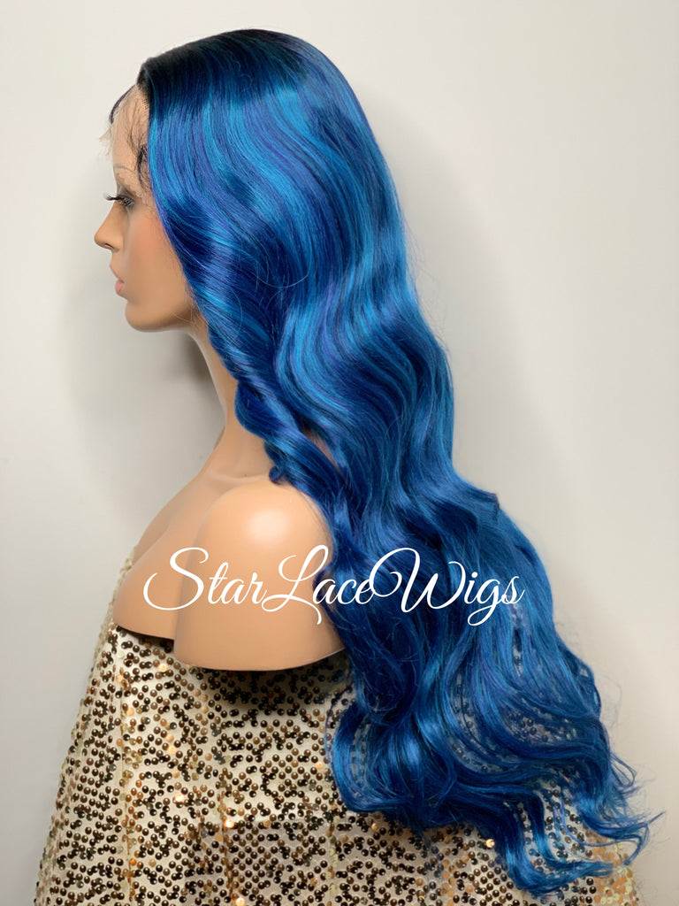 Long Blue Loose Curls Lace Front Wig Human Hair Blend - Lyla