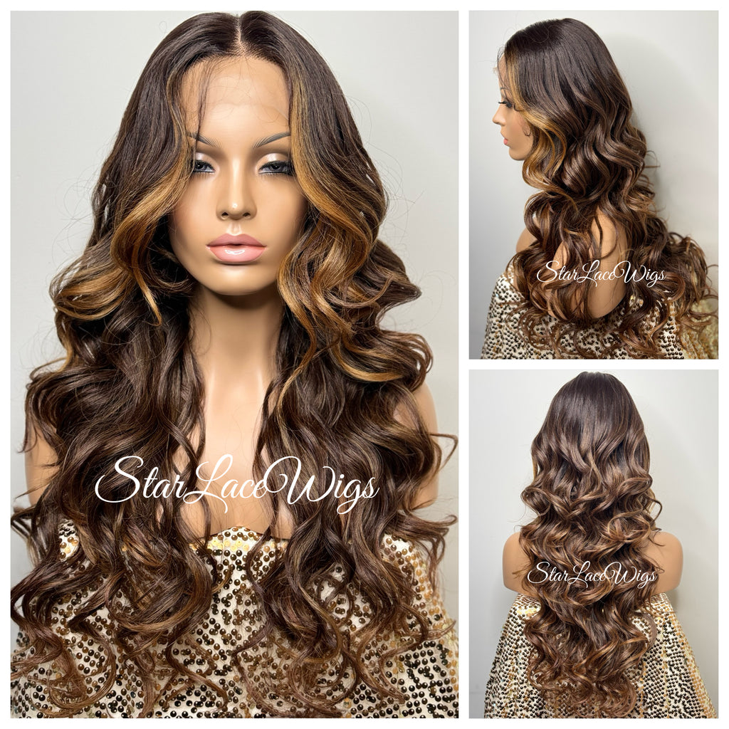 Long Curly Brown Highlights Mix HD Lace Front Wig Center Part - Teresa