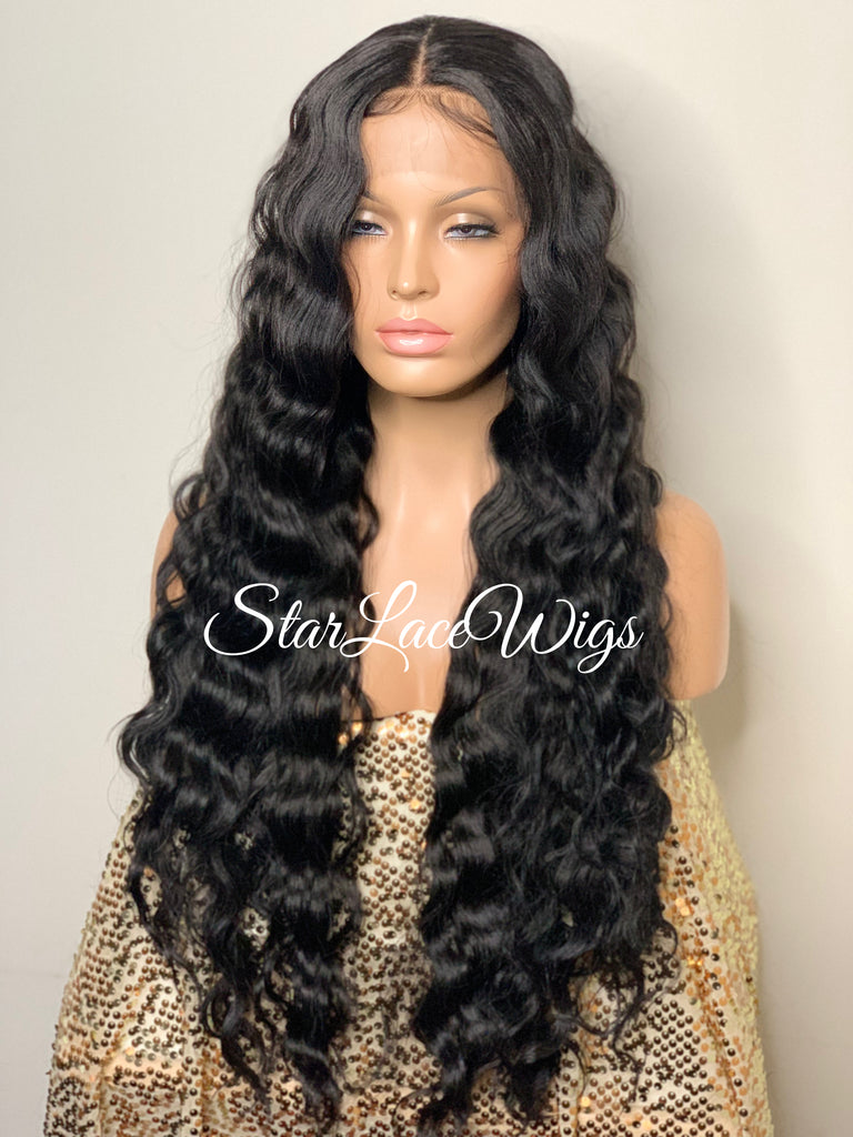 Long Black Crimped Wavy Human Hair Blend HD Lace Front Wig - Anita