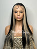 Long Straight Lace Front Wig Black Center Part Blonde Highlights Synthetic Skunk Stripe - Zoe