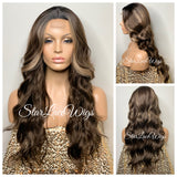 Long Wavy Wig Dark Brown Center Part Highlights Synthetic - Renee