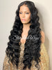 Long Black Crimped Wavy Human Hair Blend HD Lace Front Wig - Anita