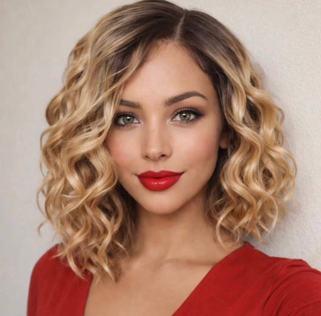 Lace Front Wig Short Wavy Blonde Synthetic Bob Brown Roots - Winnie