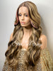 Long Brown Blonde Mix Loose Curls Human Hair Blend Lace Front Wig Pink Bangs - Lillian