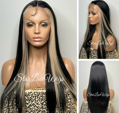 Long Straight Lace Front Wig Dark Brown Middle Part Highlights Synthetic - Mimi