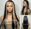 Long Straight Lace Front Wig Black Center Part Blonde Highlights Synthetic Skunk Stripe - Zoe