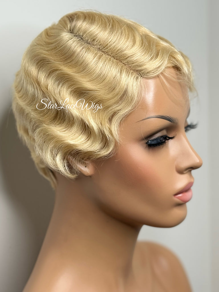 Short Wavy Wig Human Hair Blonde Side Part Wavy Finger Wave Wig - Alice