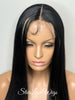 Long Straight Lace Front Wig Black Center Part Blonde Highlights Synthetic Skunk Stripe - Zoe