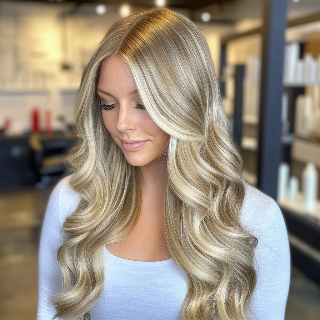 Long Blonde Human Hair Blend HD Lace Front Wig (13x4) Balayage - Katie