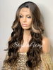 Long Wavy Wig Dark Brown Center Part Highlights Synthetic - Renee