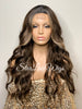 Long Wavy Wig Dark Brown Center Part Highlights Synthetic - Renee