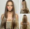 Long Brown Blonde Straight Human Hair Blend Lace Front Wig Pink Bangs - Rosalee